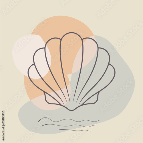 Scallop shell on blobs background. Shellfish delicacy silhouette in thin lines minimalist style, emblem for the menu of the seafood restaurant.