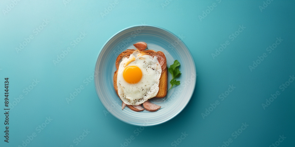 Fried egg on toast with ham and fresh herbs on a blue background, a classic breakfast dish Fried egg on toast with ham and fresh herbs on a blue background, a classic breakfast dish