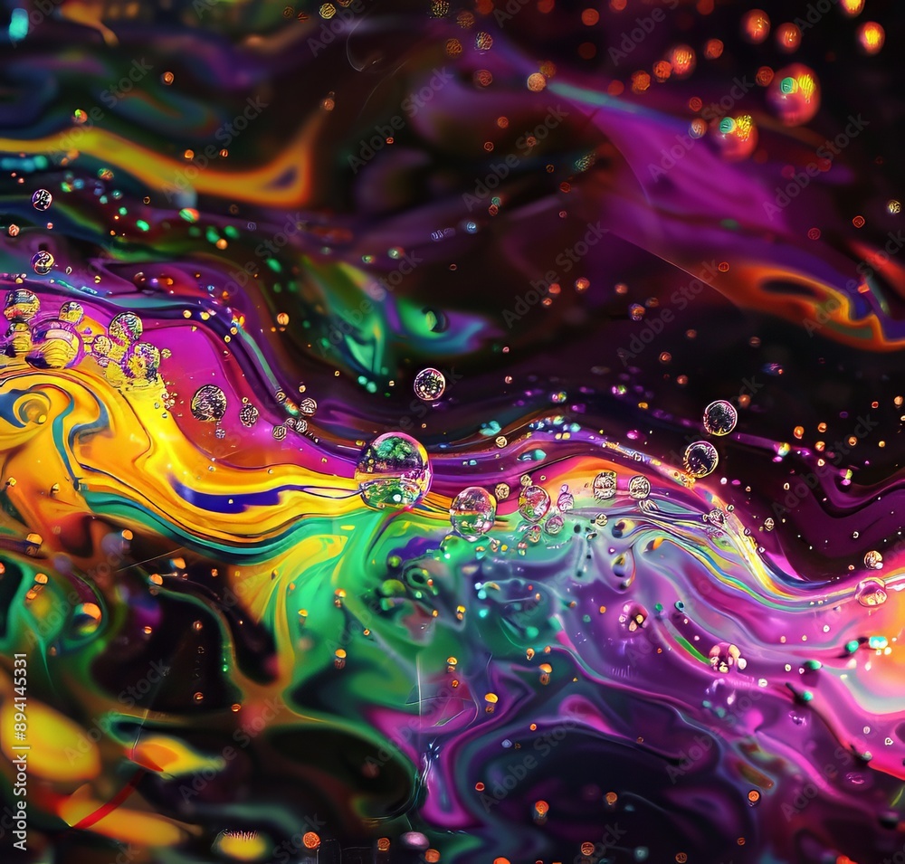 A closeup abstract image of colorful swirling liquid with suspended bubbles A closeup abstract image of colorful swirling liquid with suspended bubbles