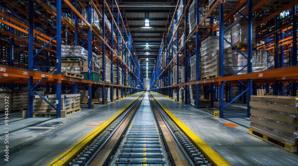 Modern High-Rise Warehouse Storage Facility with Rail Tracks Modern High-Rise Warehouse Storage Facility with Rail Tracks
