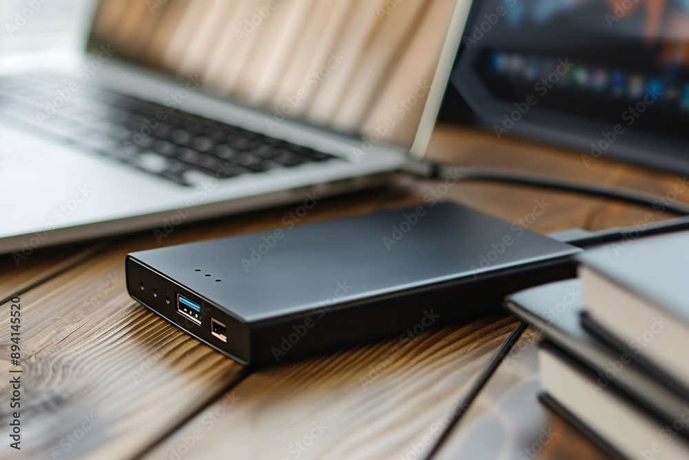 External hard drive connected to a laptop on a rustic wooden desk, essential data storage and backup device External hard drive connected to a laptop on a rustic wooden desk, essential data storage and backup device