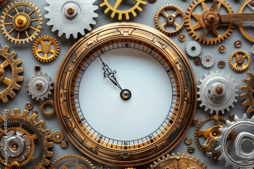 Obraz premium Classic Roman Numeral Clock Surrounded by Cogs and Gears