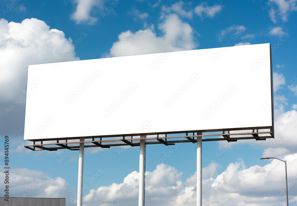 Blank Billboard Mockup Against Blue Sky. Empty white billboard mockup set against a bright blue sky with fluffy clouds. Perfect for outdoor advertising design presentations. Blank Billboard Mockup Against Blue Sky. Empty white billboard mockup set against a bright blue sky with fluffy clouds. Perfect for outdoor advertising design presentations.