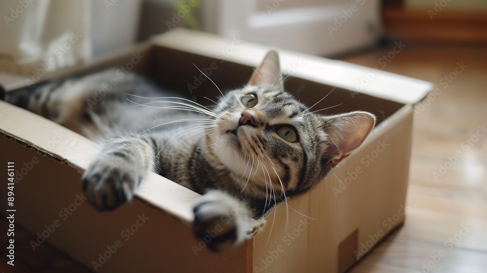 cute grey tabby cat in cardboard box on floor at home cute grey tabby cat in cardboard box on floor at home
