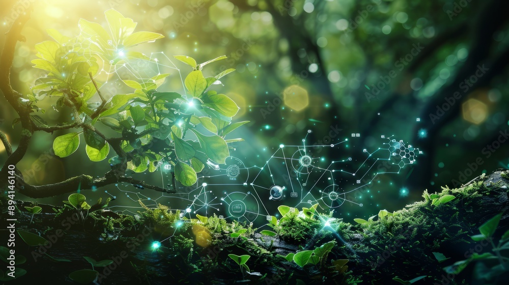 Ecological environment and energy concept with technological visuals and molecular symbols explained together, highlighting sustainable innovations and scientific advances in environmental technology