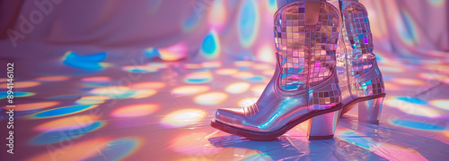 Iridescent disco cowboy boot metallic reflective vibrant holographic futuristic statement party footwear glowing cowgirl fashion accessory colorful dance floor lights trendy stylish banner copy space