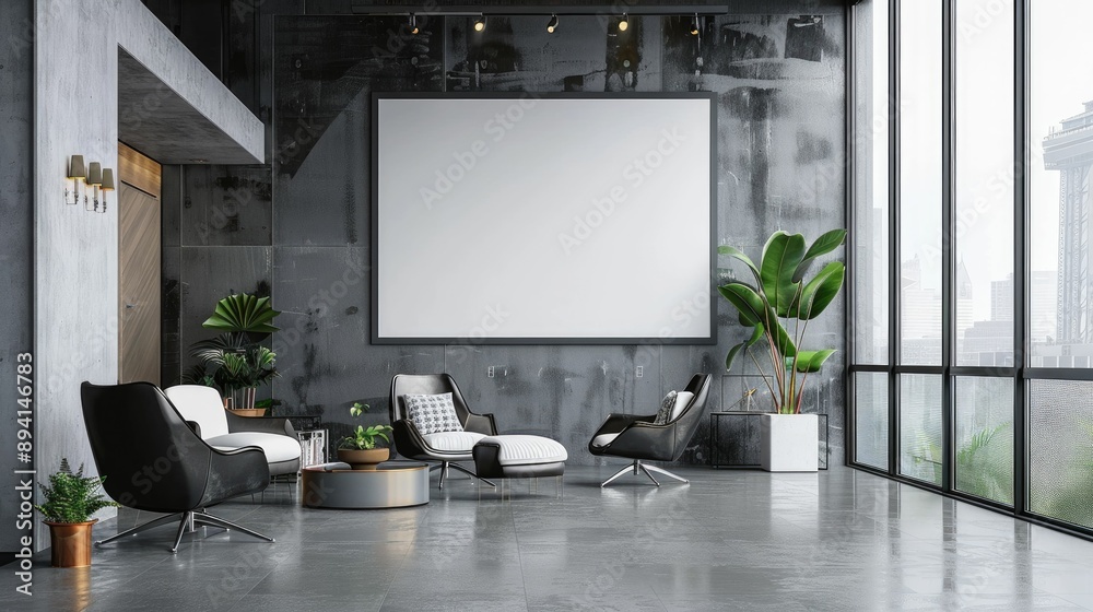 Large blank frame in a minimalist office with sleek furniture Large blank frame in a minimalist office with sleek furniture