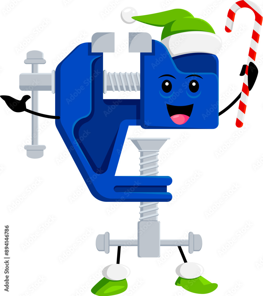 Cartoon Christmas vice diy and repair tool character. Isolated vector construction instrument in festive hat hold candy cane, spreading holiday cheer with a merry twist on craftsmanship and sweetness Cartoon Christmas vice diy and repair tool character. Isolated vector construction instrument in festive hat hold candy cane, spreading holiday cheer with a merry twist on craftsmanship and sweetness