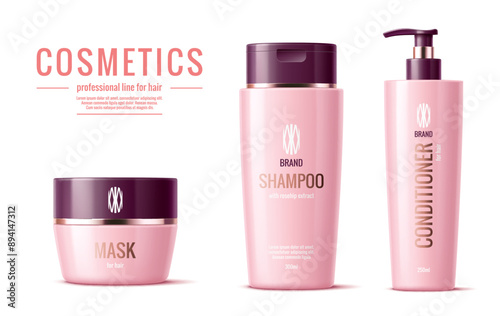 Hair shampoo, conditioner and mask pink packages. Cosmetic product templates. Realistic 3d vector luxurious containers for nourishing and revitalizing hair. High-quality product ensures healthy locks