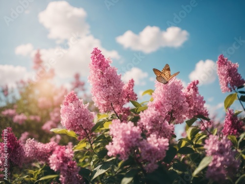 Floral spring natural landscape with wild pink lilac flower in the sky