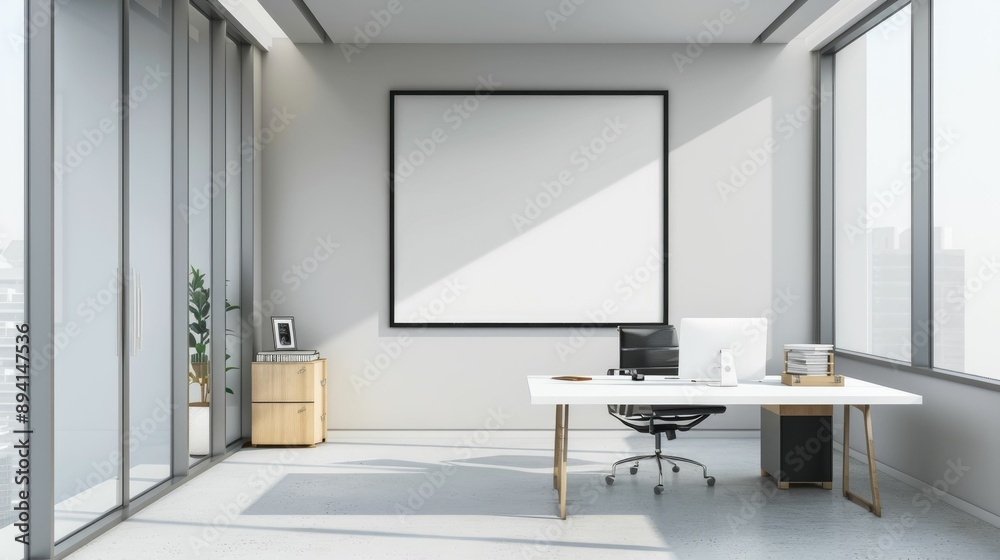 Large blank frame in a minimalist office with sleek furniture Large blank frame in a minimalist office with sleek furniture