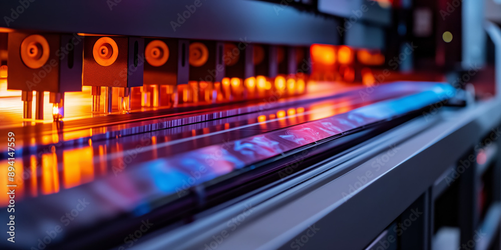 HighTech Industrial Printer in Action with Vibrant LED Lighting HighTech Industrial Printer in Action with Vibrant LED Lighting