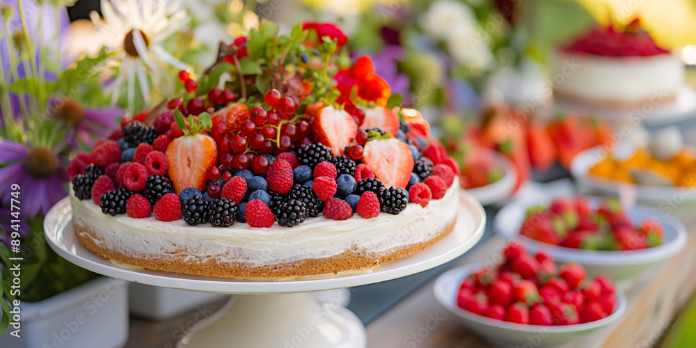 Fresh Berry Cake with Strawberry, Raspberry, and Blackberry Toppings at Outdoor Garden Party Fresh Berry Cake with Strawberry, Raspberry, and Blackberry Toppings at Outdoor Garden Party