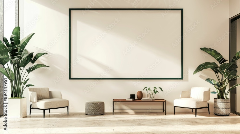 Large blank frame in a minimalist office with sleek furniture Large blank frame in a minimalist office with sleek furniture