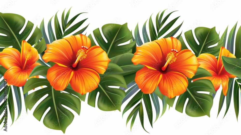 Obraz premium Delicate wedding border adorned with vibrant orange and yellow watercolor blooms, complemented by lush green leaves. Perfect for invitations.