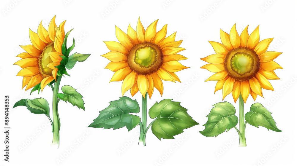 Bright sunflowers stand out against a white backdrop, showcasing detailed watercolor botanical illustrations of natures beauty. Bright sunflowers stand out against a white backdrop, showcasing detailed watercolor botanical illustrations of natures beauty.