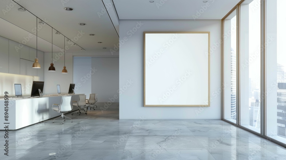 Large blank frame in a minimalist office with sleek furniture Large blank frame in a minimalist office with sleek furniture