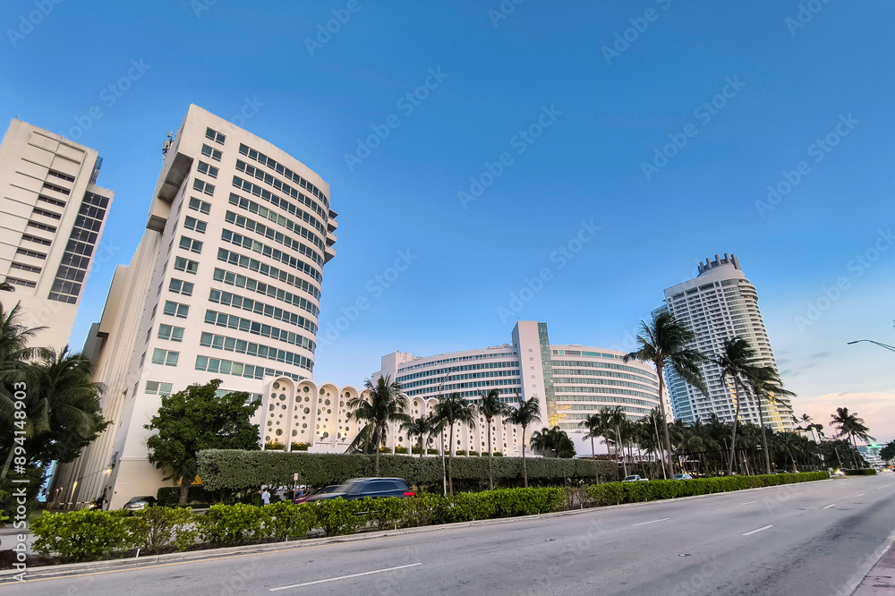 Miami Beach, Florida - June 26, 2024: Fontainebleau Hotel in Miami Beach, Florida with clear blue sky Miami Beach, Florida - June 26, 2024: Fontainebleau Hotel in Miami Beach, Florida with clear blue sky