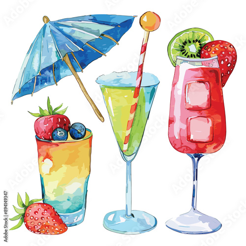 Watercolor Illustration of Summer Cocktails with Fruits, Umbrella, and Straw