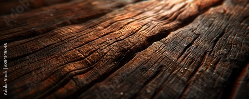 Closeup of Distressed Wooden Surface with Deep Shadows Highlighting Rough Textures, Rustic and Vintage Wood Background, Timber with Grunge and Aged Appearance, Natural Wood Grain Patterns, Brown