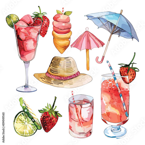 Watercolor Summer Beach Party Elements. Drink, Hat, Umbrella, Strawberry, Lime