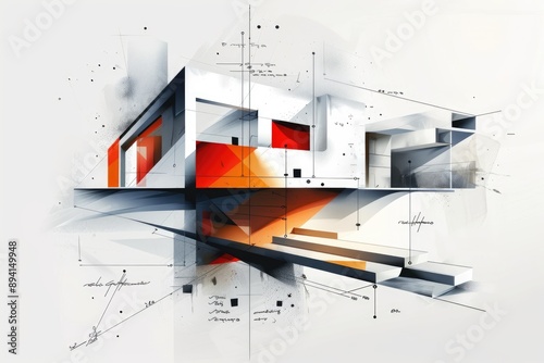 A modern and abstract architectural design with geometric shapes and vibrant color splashes