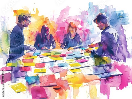 A watercolor painting of an officer rushing to write cards sending good wishes to customers.