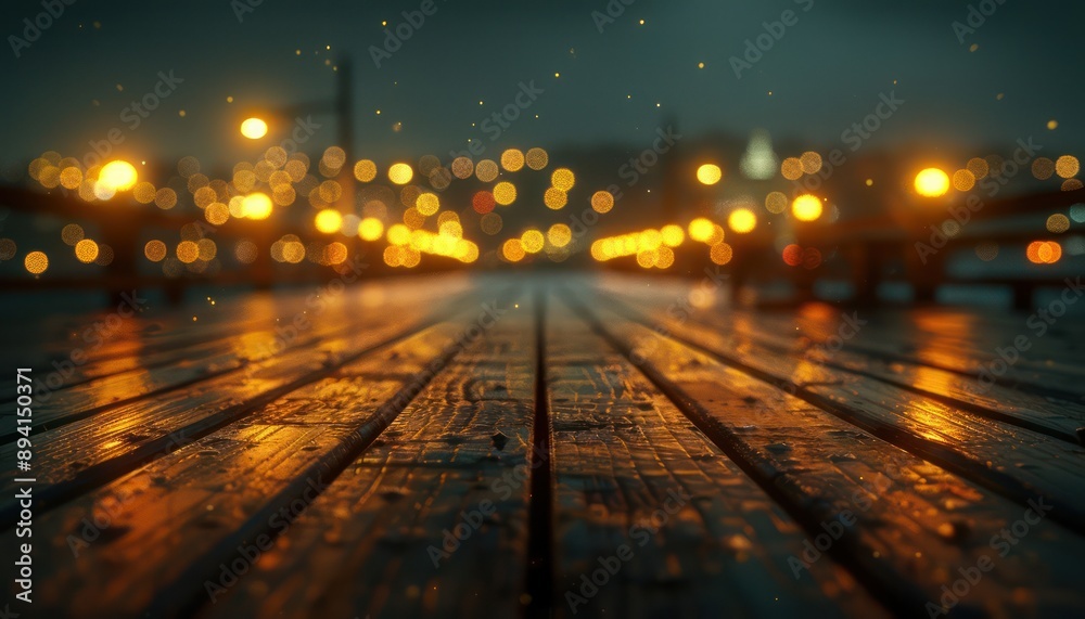 Nighttime Weathered Boardwalk A Close-Up View of Rugged Character and Texture Under a City Lightscape Nighttime Weathered Boardwalk A Close-Up View of Rugged Character and Texture Under a City Lightscape