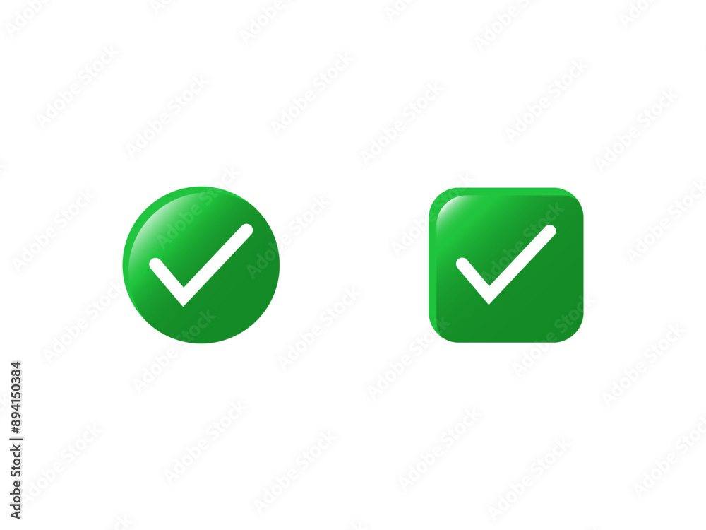 3D Tick check mark icon sign symbol vector illustration for approve or approval in green round circle and square shape isolated on white color background 3D Tick check mark icon sign symbol vector illustration for approve or approval in green round circle and square shape isolated on white color background