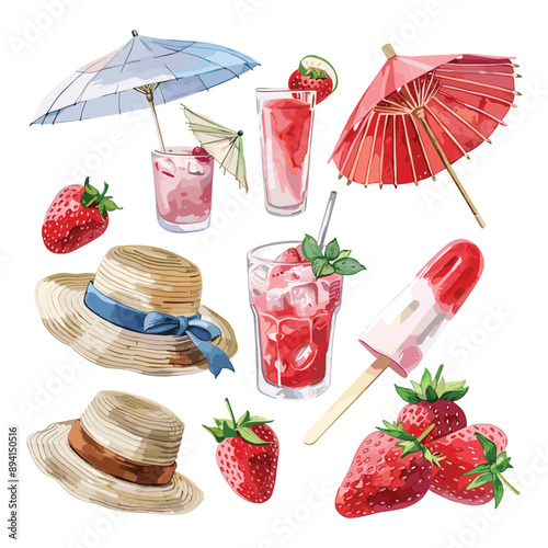 Watercolor Strawberry Summer Set. Drinks, Hats, & Umbrellas