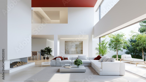 Modern living room interior with red shade, simple furniture