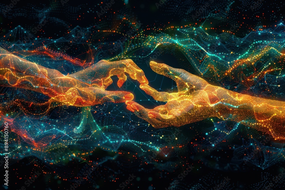 Two robotic hands reaching towards each other, one in the foreground and one in the background. The hands are surrounded by a digital interface with blue and orange holographic elements. Two robotic hands reaching towards each other, one in the foreground and one in the background. The hands are surrounded by a digital interface with blue and orange holographic elements.