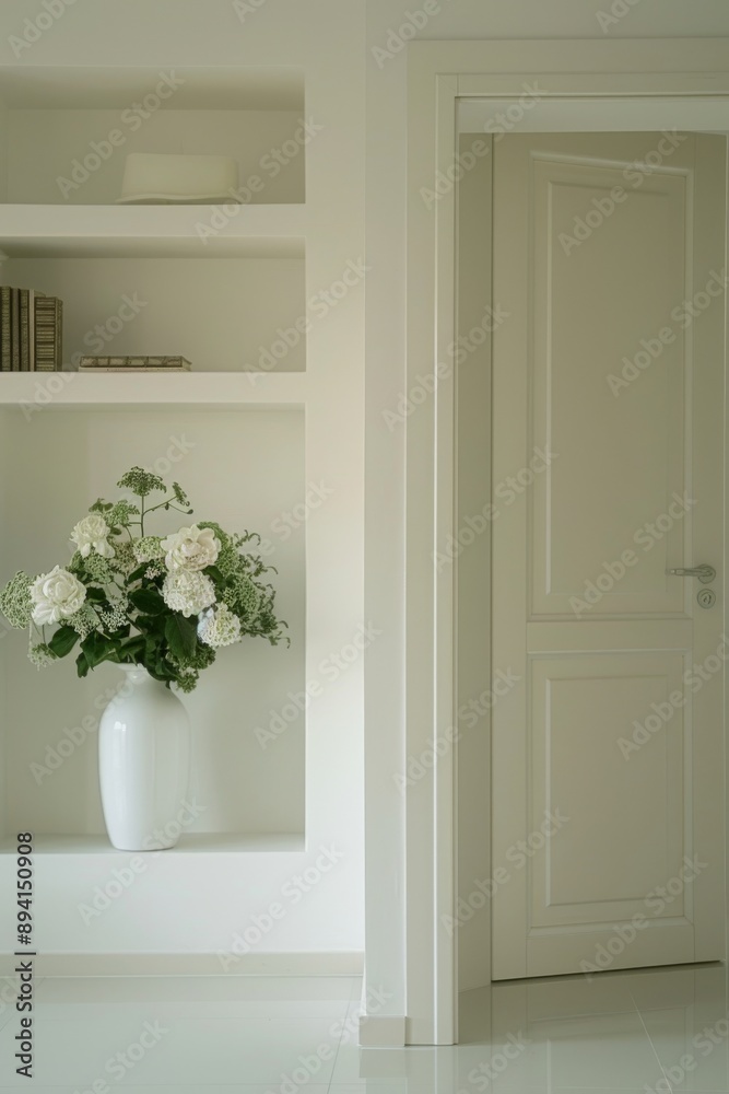 Interior design of a room with a white wall and a wooden door Interior design of a room with a white wall and a wooden door