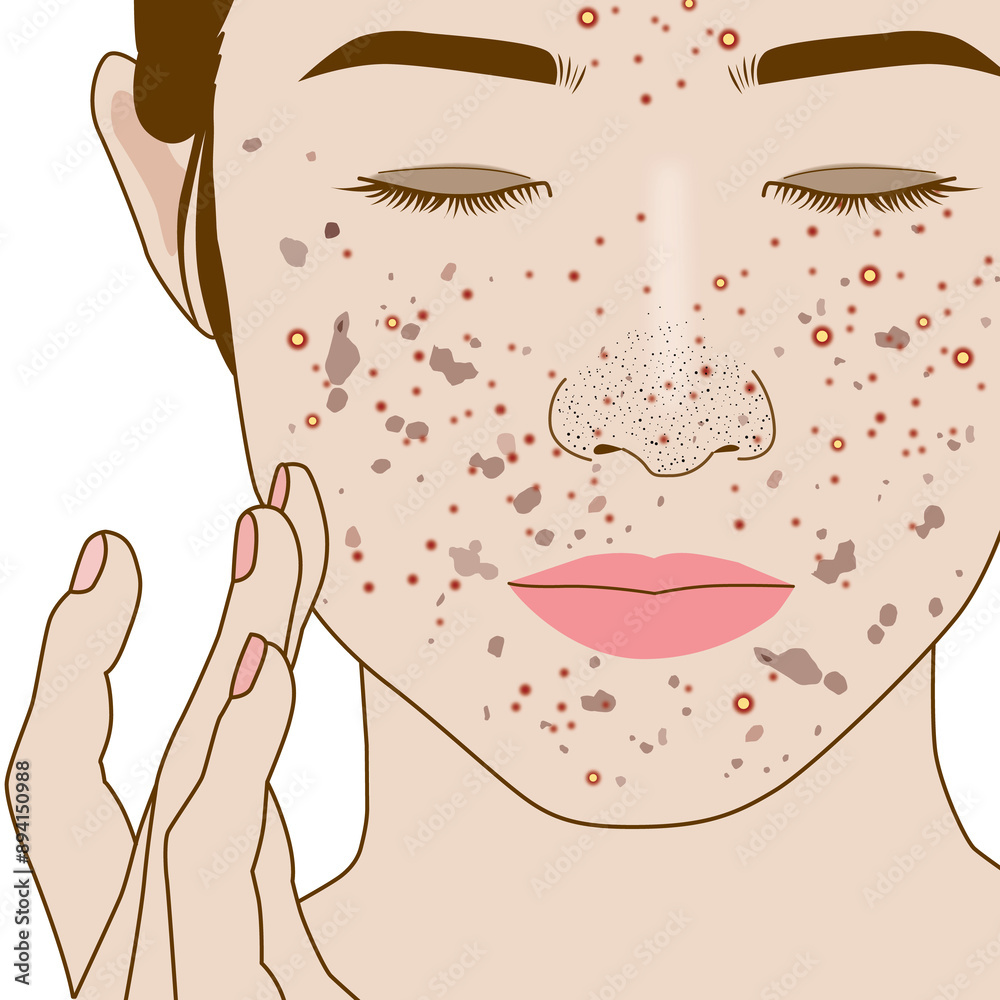 Acne pimple on women's face, bad skin, illustration on white background Acne pimple on women's face, bad skin, illustration on white background