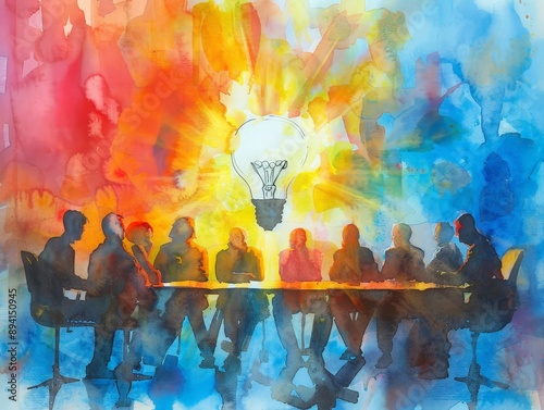 Watercolor painting of an executive brainstorming meeting. Business competition. Use for wallpapers, posters, postcards, brochures