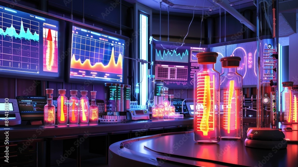 Obraz premium Medical research lab with glowing test tubes and digital charts