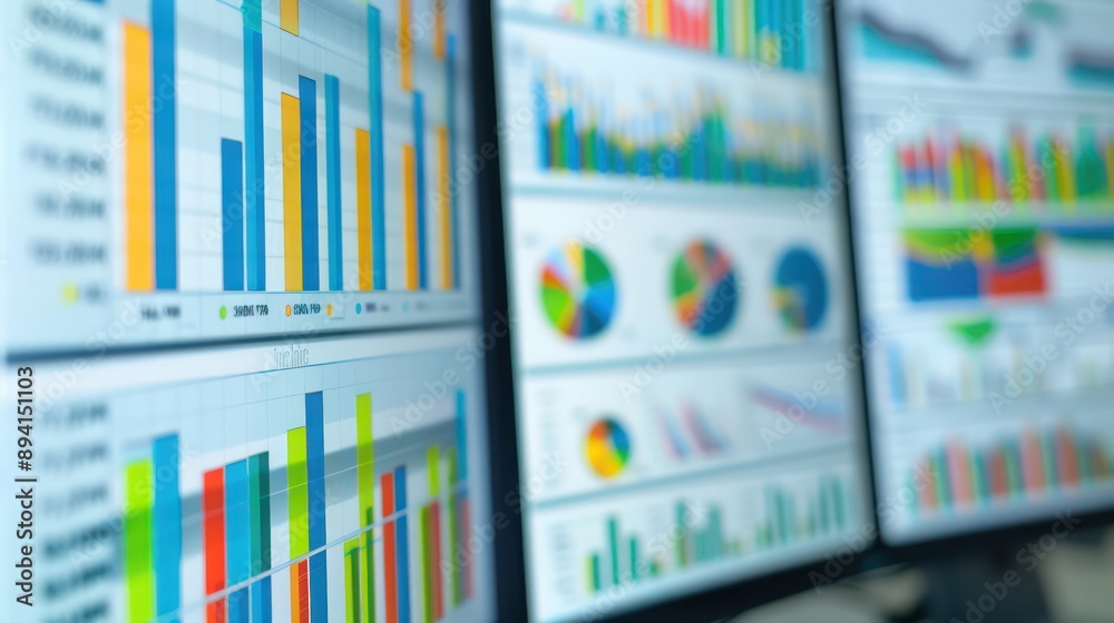 close-up of a financial analyst's desktop with multiple spreadsheets open showing complex data analysis