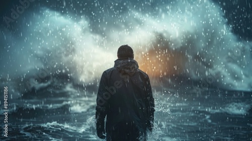 Lone figure facing turbulent sea under stormy sky, battling powerful waves and harsh weather conditions with determination and resilience.