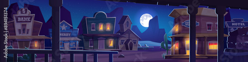 Wild west city or village landscape at night. Western America wooden architecture on empty town street under moonlight. Neighborhood with sheriff office and bank, saloon and hotel, church and house.
