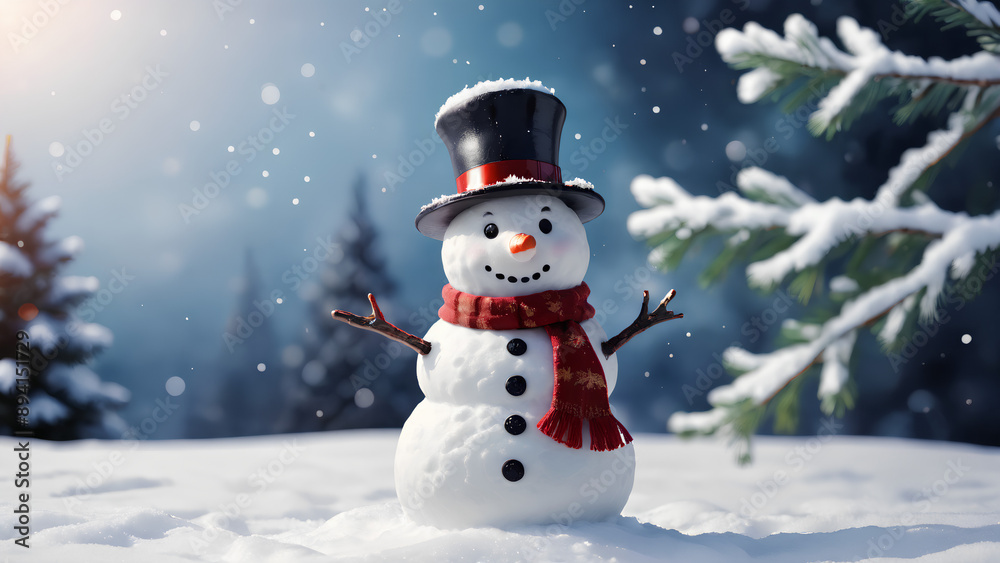 Happy snowman standing in Christmas winter background