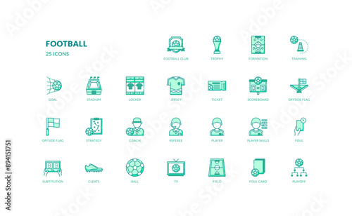 football soccer sport game competition filled line icon set