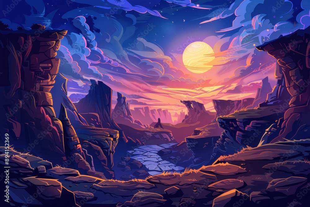 Rocky canyon landscape with vibrant sunset and starry night sky Rocky canyon landscape with vibrant sunset and starry night sky