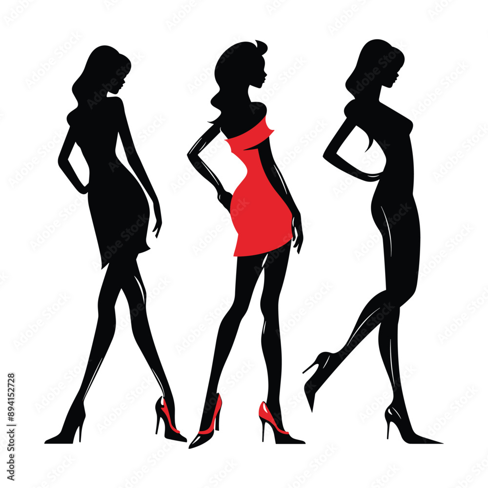 Silhouette of 3 elegant women in stylish dresses and high heels. Fashion, beauty, elegance, style.