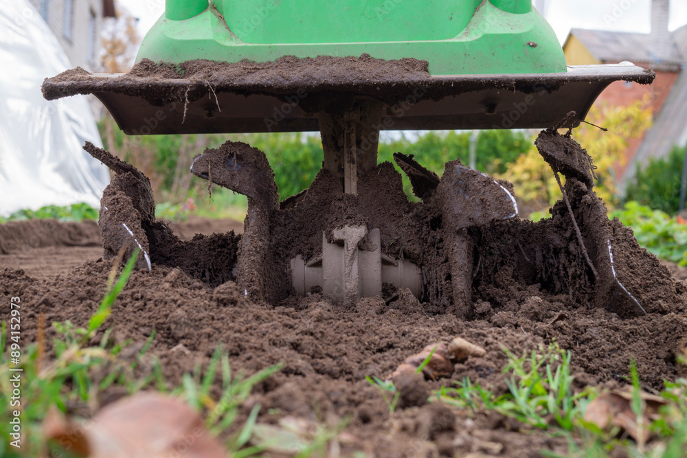 Fototapeta premium Small green garden tiller is actively engaged in tilling rich, dark soil in a vegetable garden plot