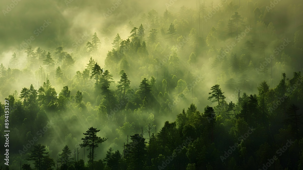 Fototapeta premium A forest with trees in the background and a misty sky.