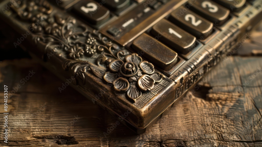 close-up of an antique bronze calculator with intricate engravings, symbolizing the age-old practice of budgeting, on a rustic wood table close-up of an antique bronze calculator with intricate engravings, symbolizing the age-old practice of budgeting, on a rustic wood table