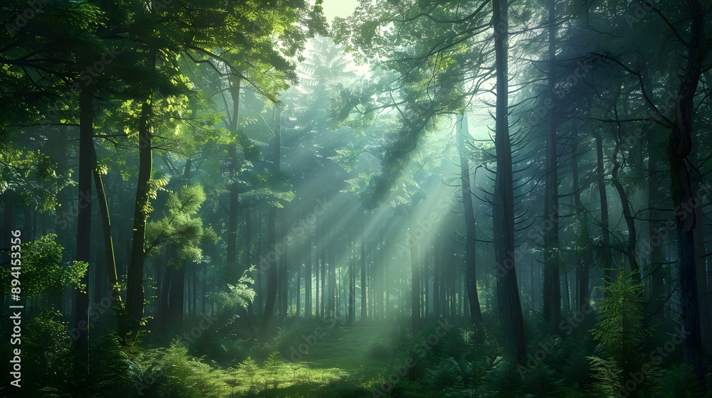 Obraz premium A forest with trees in the background and a misty sky. 