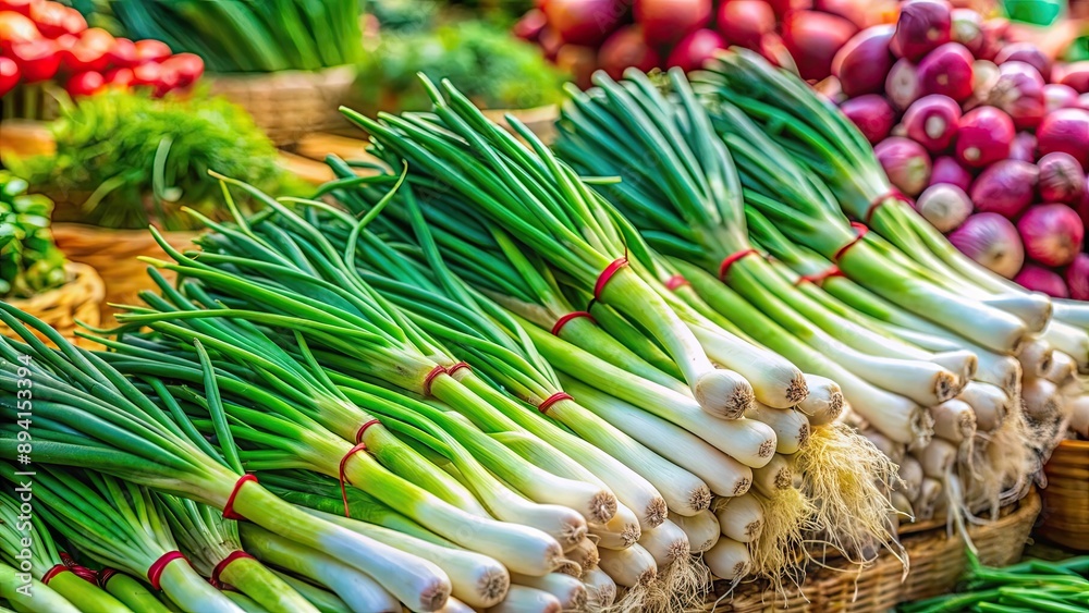 Obraz premium Fresh scallions for sale at the vibrant farmers market, scallions, green onions, vegetables, produce, market, stalls, organic