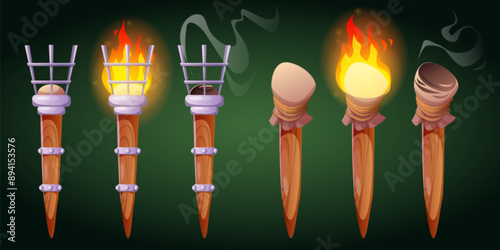 Medieval torch with fire isolated ancient game icon. Flame on wood stick illustration set. Burn and faded hawaiian flambeau with smoke design collection. Ceremony kit for freedom or victory event