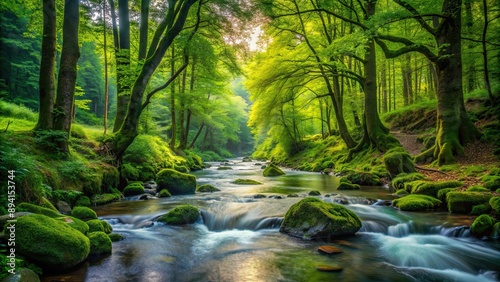 Serene stream flowing through a lush forest , Nature, Woods, Water, Flowing, Tranquil, Scenic, Landscape, Serenity